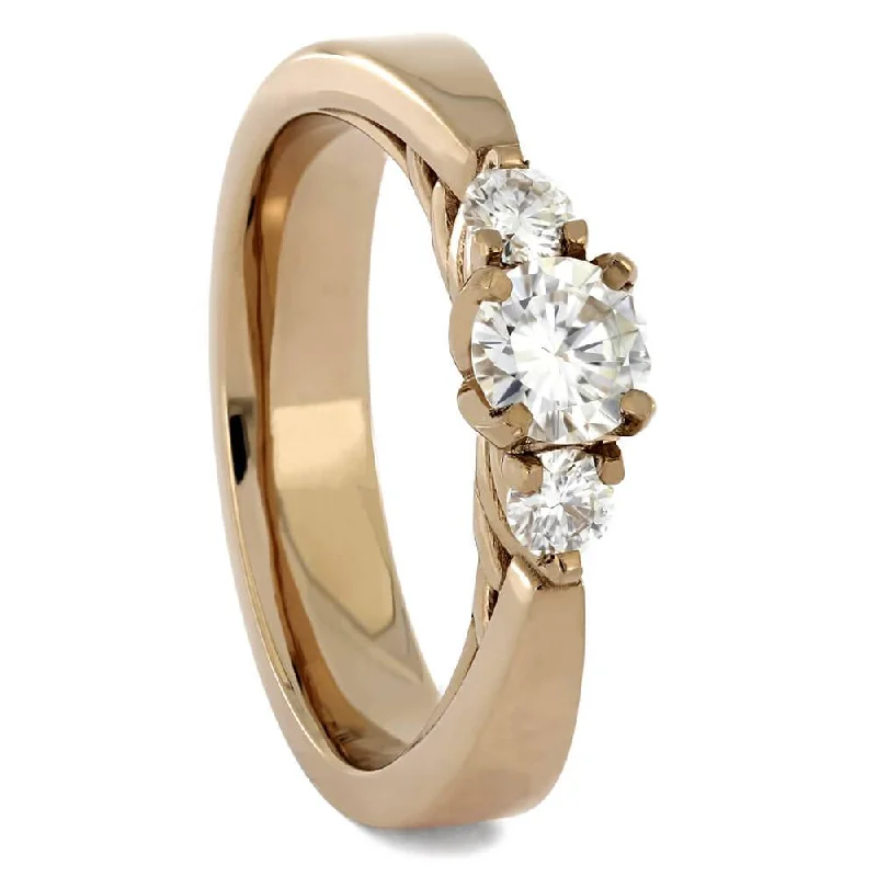 Triple Stone Moissanite Engagement Ring in Rose Gold