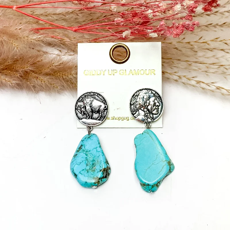 Turquoise Stone Earrings With Silver Tone Coin Posts