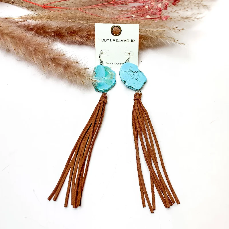 Turquoise Stone Tassel Earrings in Brown