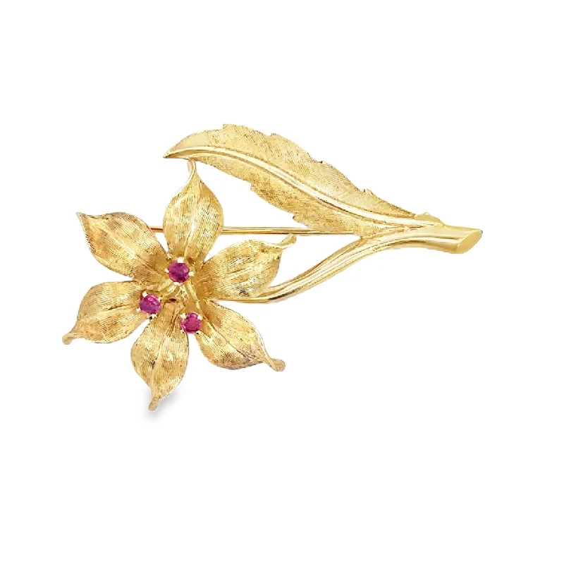 Vintage 1960s Ruby Flower Brooch in Yellow Gold