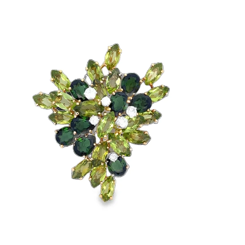 Vintage Peridot, Green Tourmaline, and Diamond Brooch in Yellow Gold