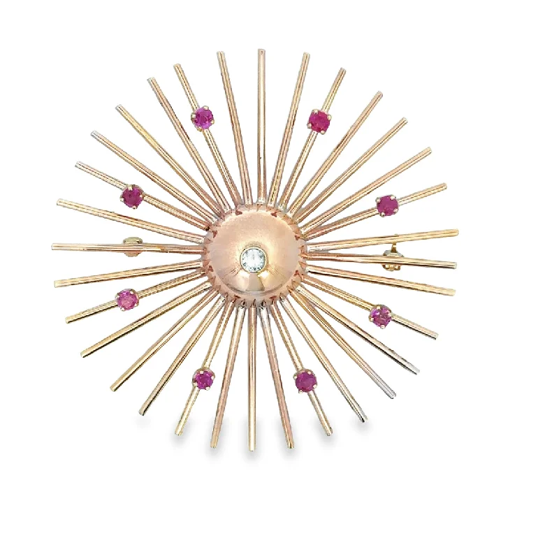 Vintage Retro 1940s Ruby and Diamond Sunburst Brooch in Rose Gold