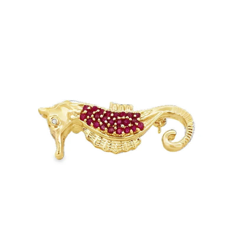 Vintage Ruby and Diamond Seahorse Brooch in Yellow Gold