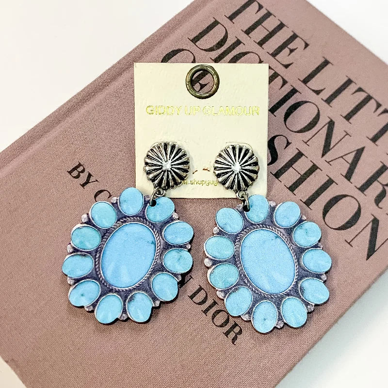 Western Wood Concho Post Earrings in Turquoise Blue