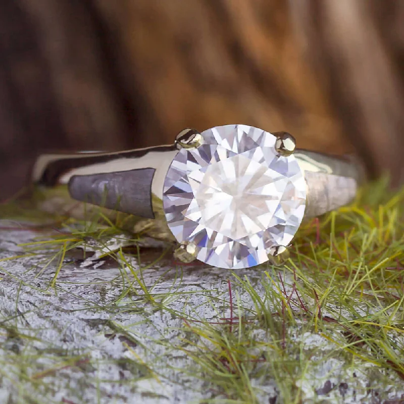 Engagement Ring with Large Moissanite Solitaire and Meteorite Accents