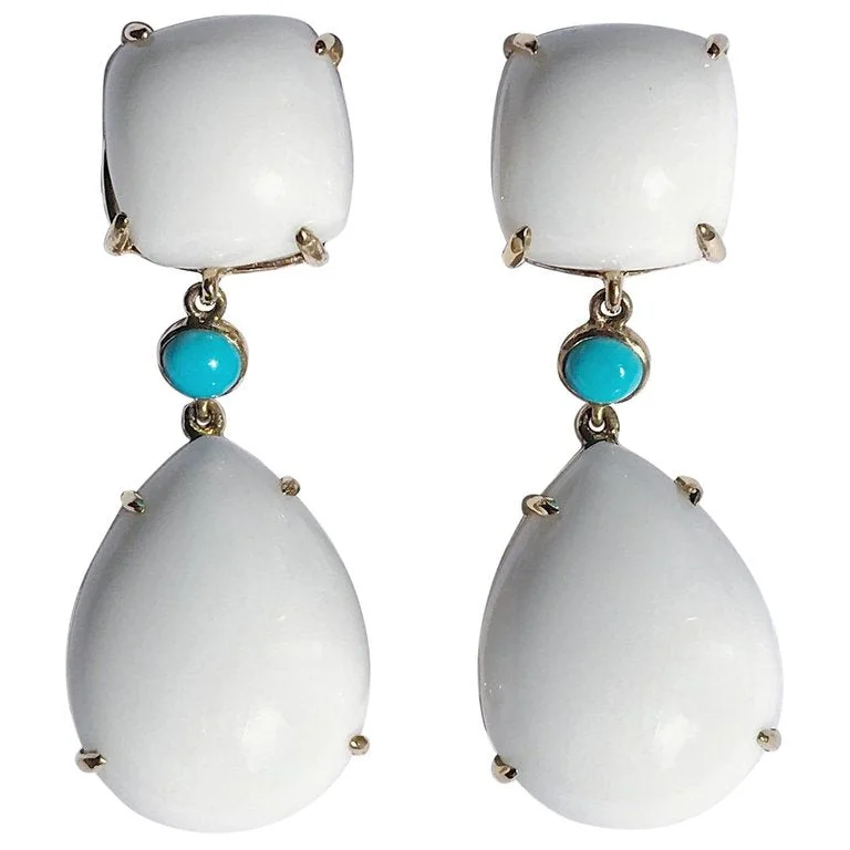 Yellow Gold Pear Drop Earring with White Jade and Bezel Set Turquoise Accent