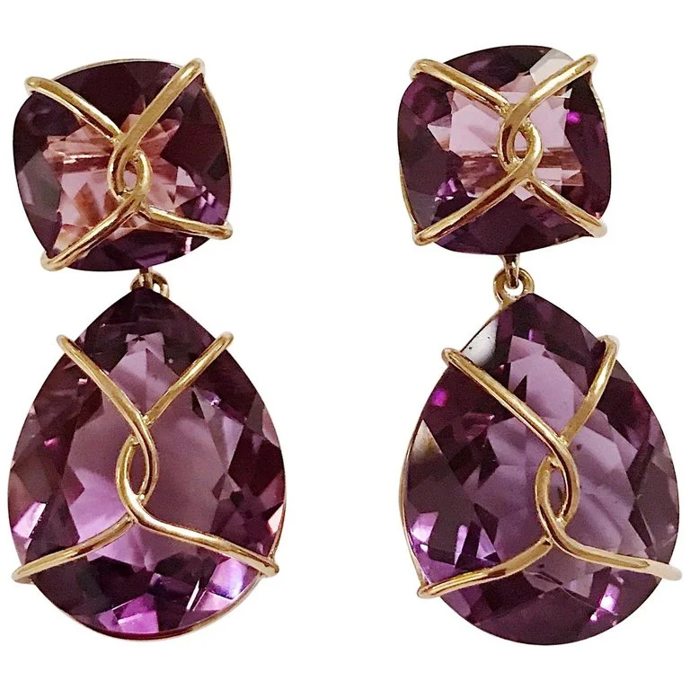 Yellow Gold Wrapped Drop Earring with Purple Amethyst