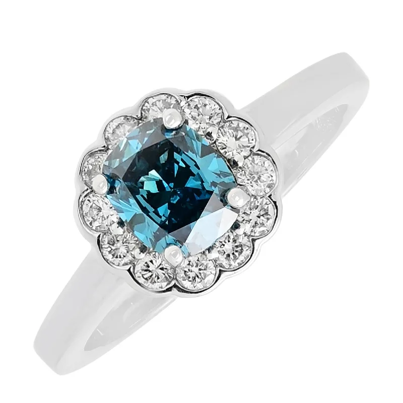 Blue and White Diamond Halo Engagement Ring in 14kt White Gold (1ct tw)