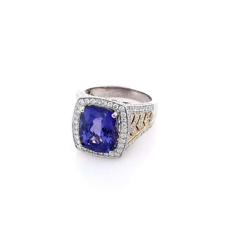 Estate 18 Karat Two-Tone Cushion Cut Tanzanite and Diamond Shank Ring