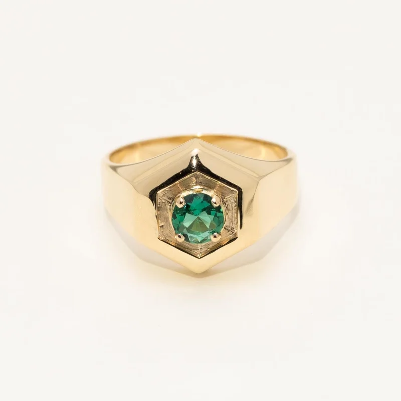 Estate Mens Simulated Green Stone Ring in 14kt Yellow Gold