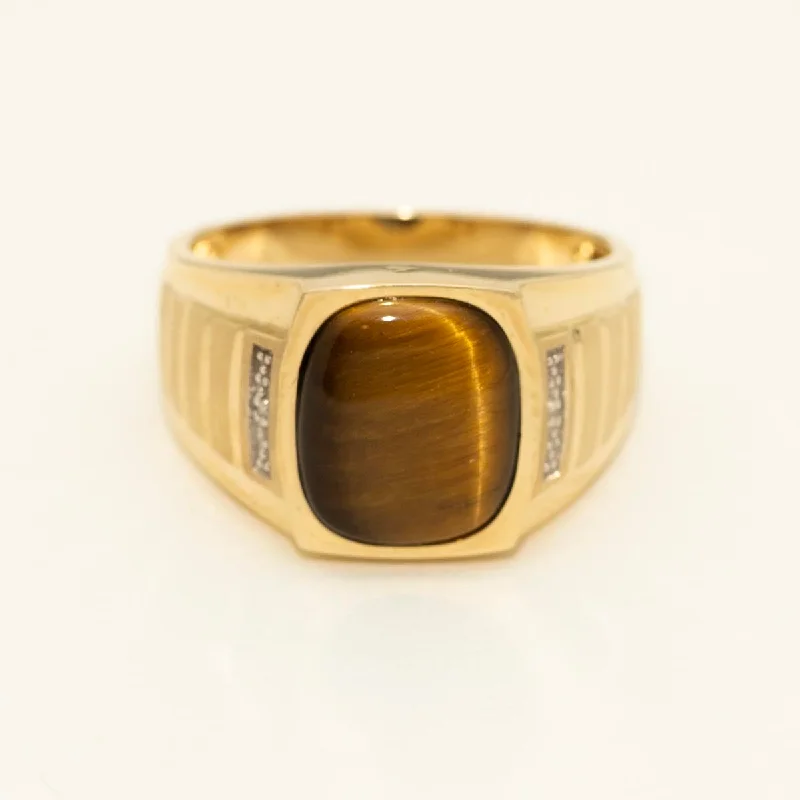 Mens Tigers Eye Ring in 10kt Yellow Gold with Diamond (.0055ct tw)