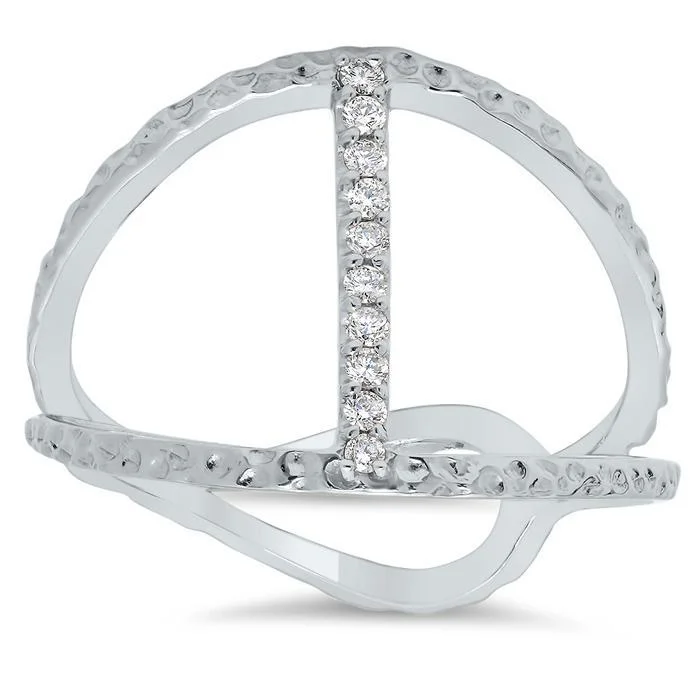 Pave Diamond Hammered Bar Ring