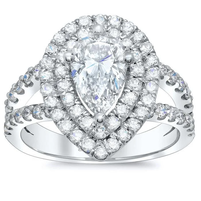 Pear Low Split Double Halo Engagement Ring