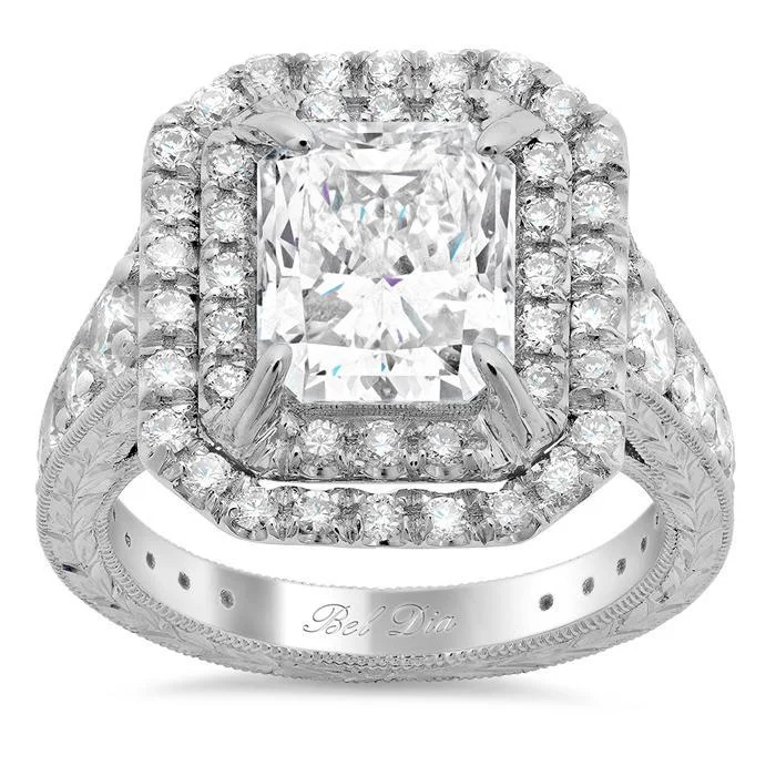 Radiant Double Halo Engagement Ring with Hand Engraving