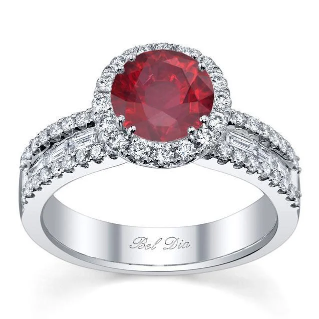 Ruby Round Halo Ring with Baguettes