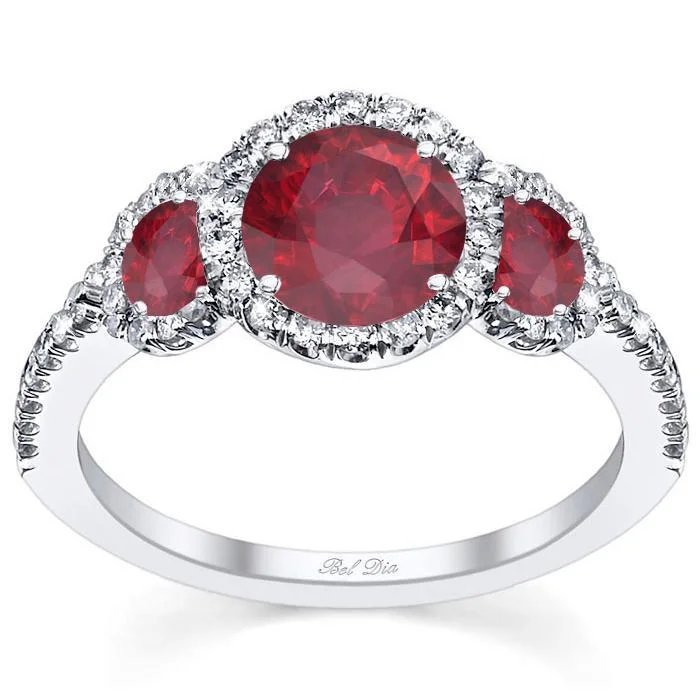 Ruby Three Stone Halo Engagement Ring