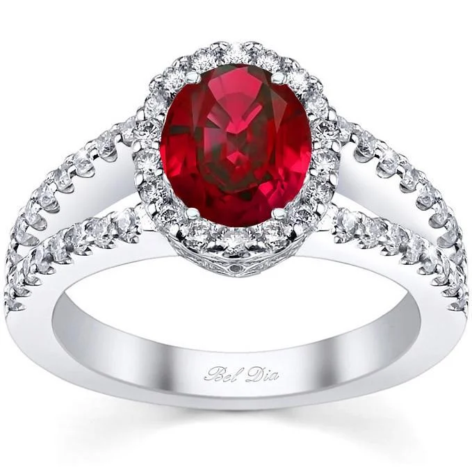 Split Shank Oval Ruby Halo Engagement Ring