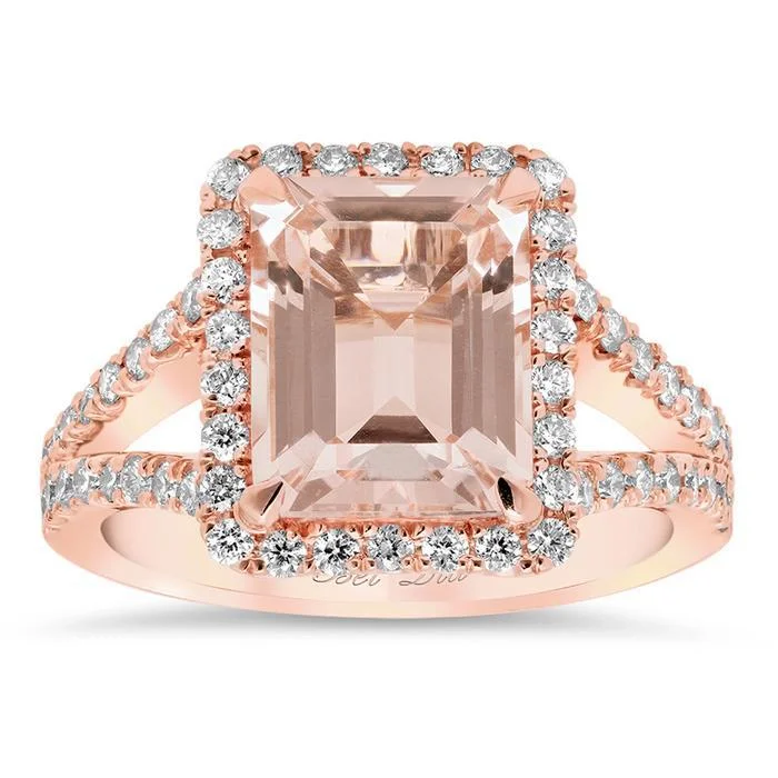 Split Shank Pave Diamond Morganite Halo Engagement Ring