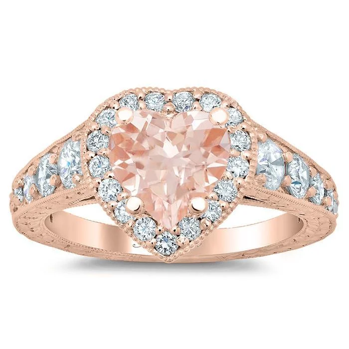 Tapered Rose Gold Heart Morganite Halo Engagement Ring