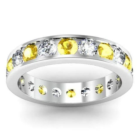 Yellow Sapphire and Diamond Round Gemstone Eternity Ring in Channel Setting