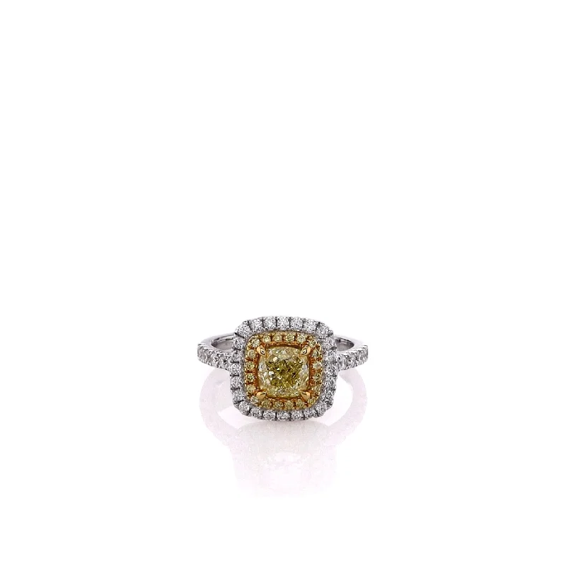 18k Two-Tone Double Halo Yellow and White Diamond Ring