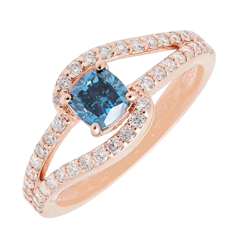 Cushion Blue and White Diamond Ring in 14kt Pink Gold (3/4ct tw)