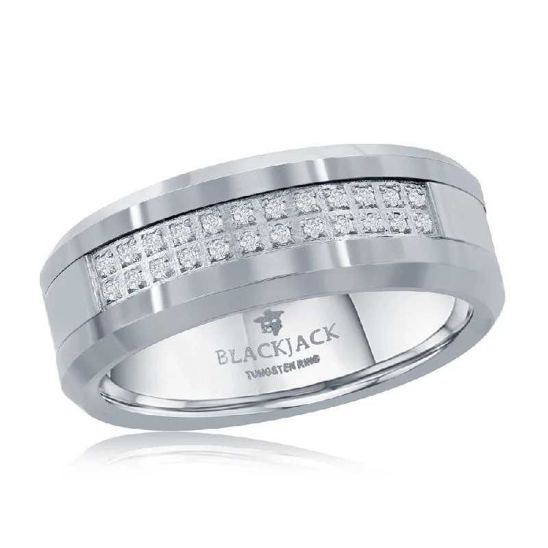 Brushed and Polished Double Row CZ Silver Tungsten Ring