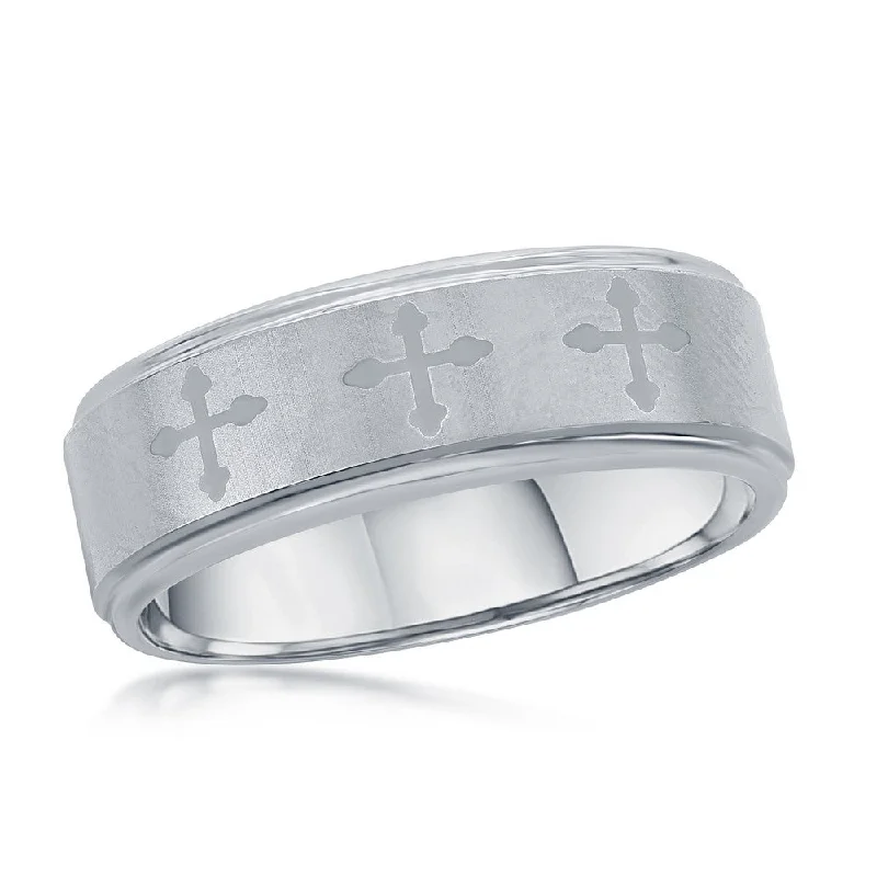 Brushed & Polished Cross Tungsten Ring