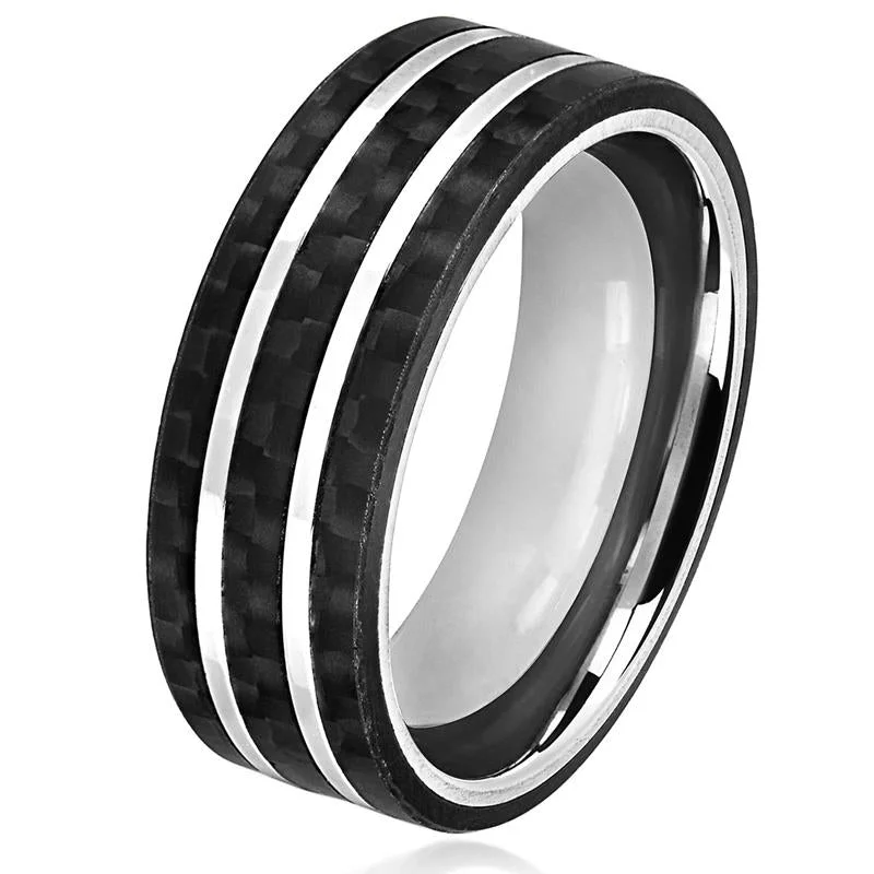 Crucible Los Angeles Men's Stainless Steel Carbon Fiber Silver Striped Comfort Fit Ring