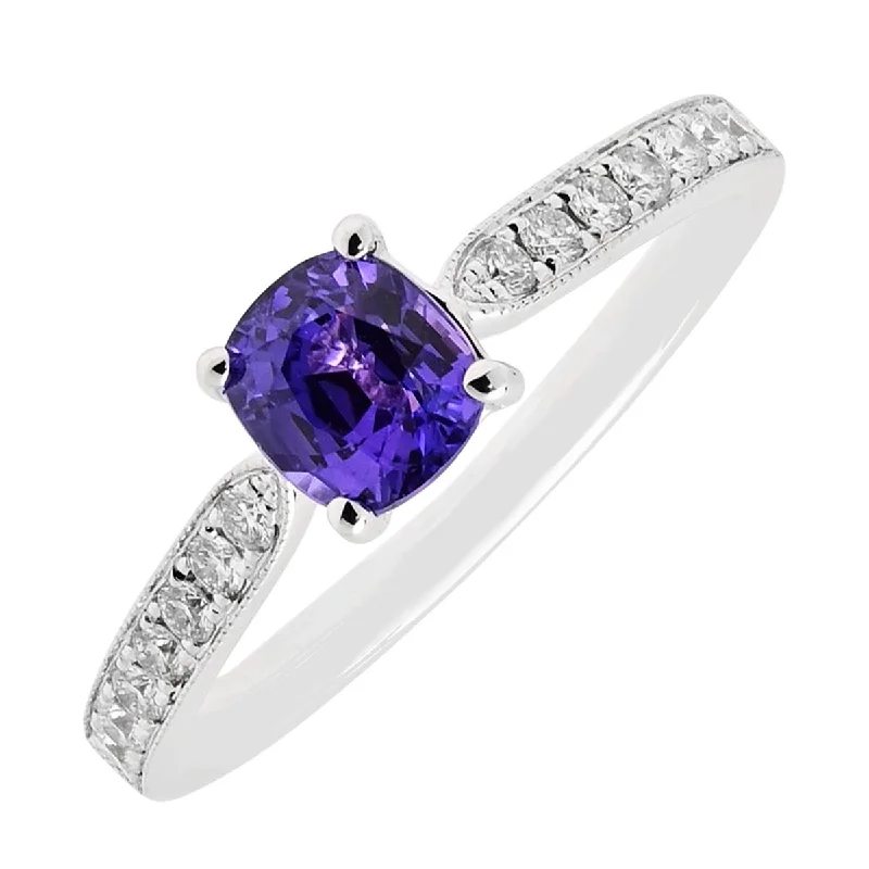 Cushion Cut Purple Sapphire Ring in 18kt White Gold with Diamonds (1/5ct tw)