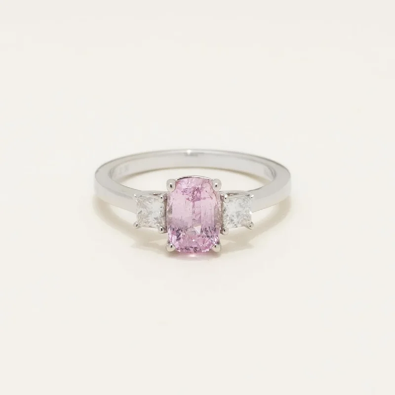 Cushion Peach Sapphire Ring in 14kt White Gold with Princess Cut Diamonds (3/8ct tw)