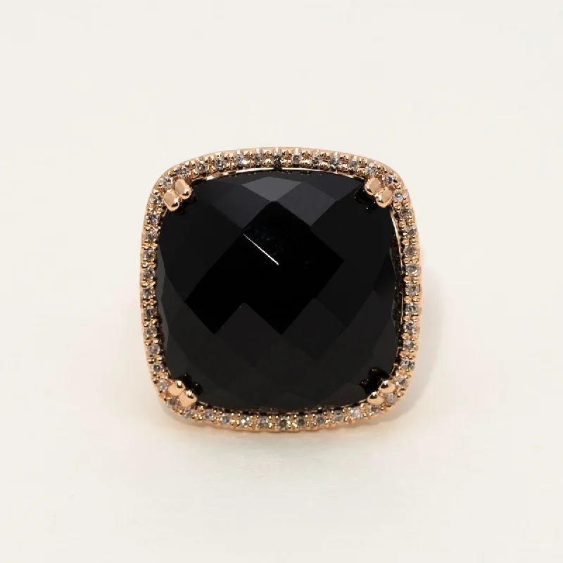 Dabakarov Cushion Cut Black Agate Ring in 14kt Rose Gold with Diamonds (1/7ct tw)