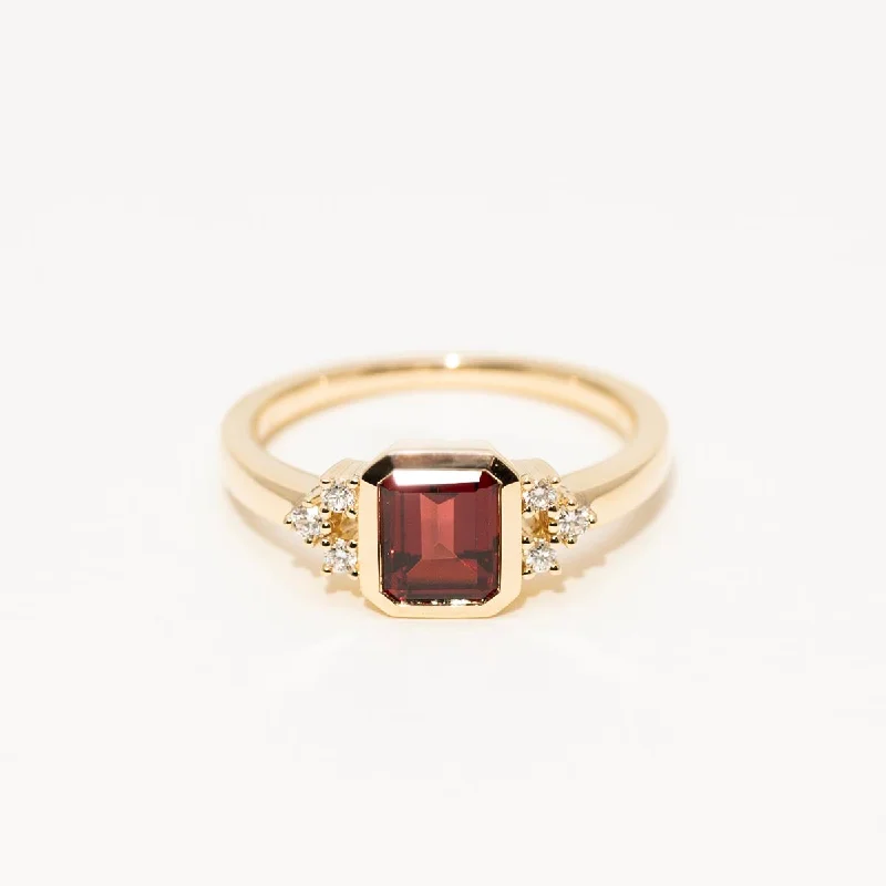 Emerald Cut Garnet Ring in 14kt Yellow Gold with Diamonds (1/10ct tw)