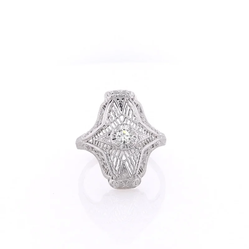 Estate 14 Karat White Gold Vintage Shield Shape Filagree Diamond Ring