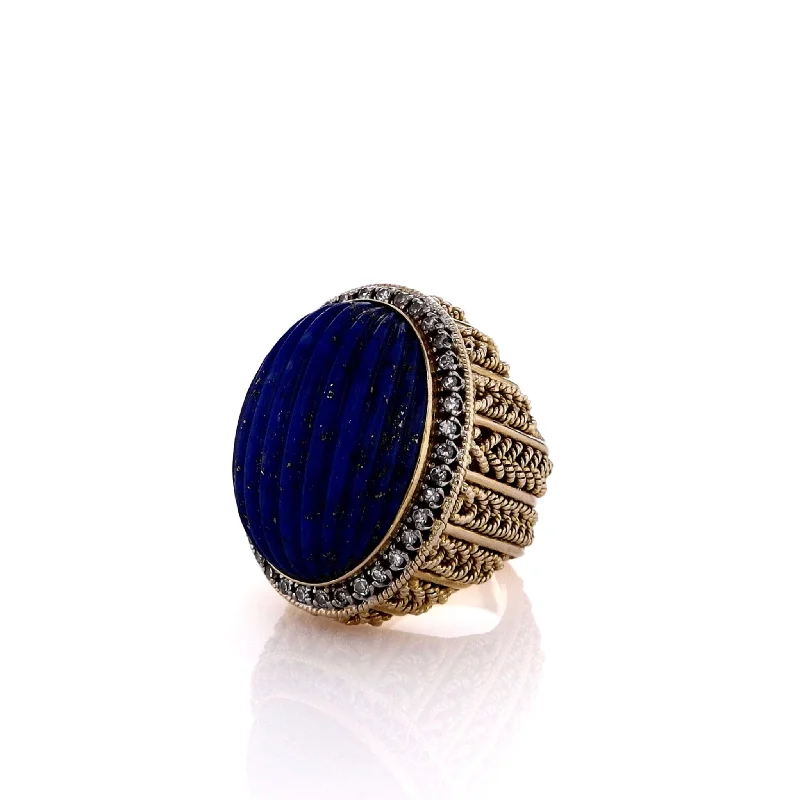 Estate 14k Yellow Gold Carved Lapis and Diamond Ring