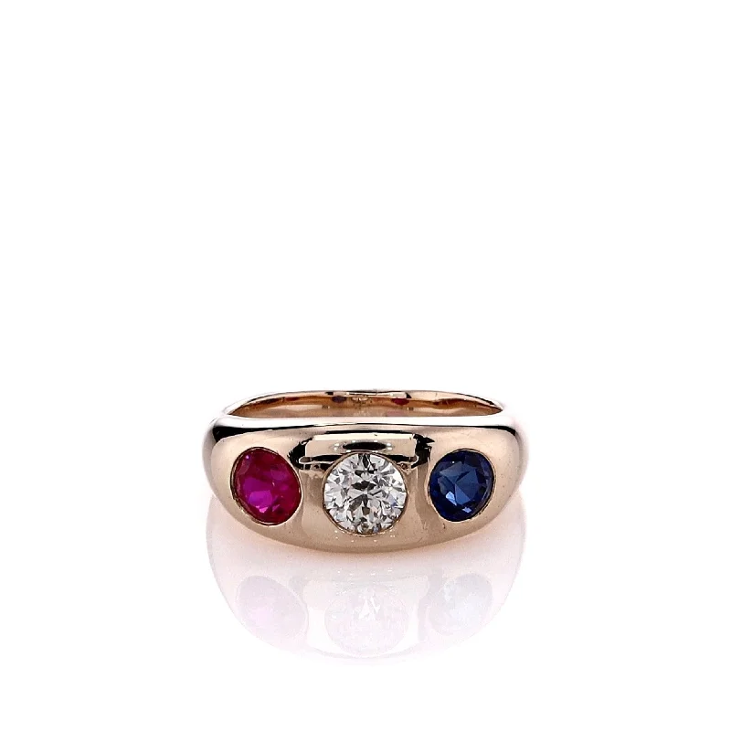 Estate 14k Yellow Gold Gent's Diamond and Synthetic Ruby and Sapphire Design Ring