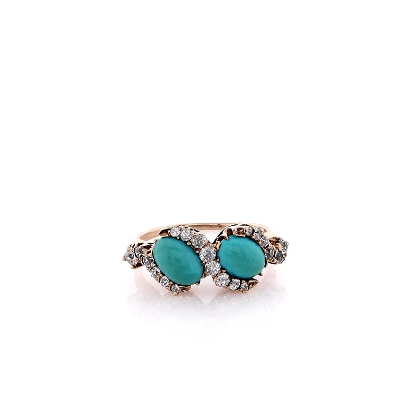 Estate 14k Yellow Gold Oval Turquoise Cabochons and Diamond Ring