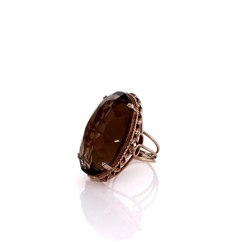 Estate 14k Yellow Gold Rope Frame Design Faceted Cabochon Smokey Quartz Ring