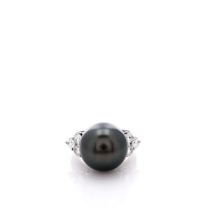 Estate 18k White Gold Diamond 13mm Grey Tahitian Pearl Ring