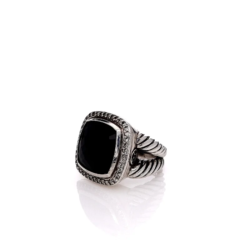 Estate David Yurman Sterling Silver Split Shank Onyx and Diamond Albion Ring