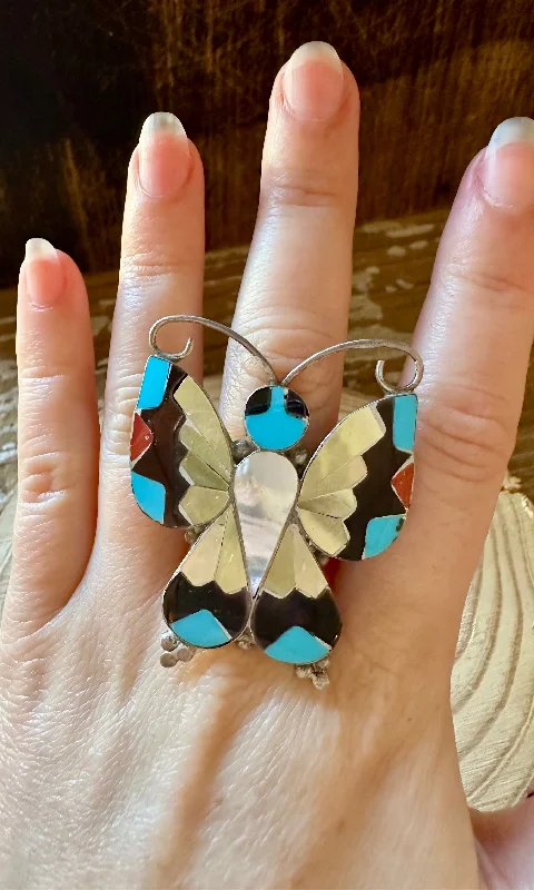 FLUTTERS Allison Dishta Inlay Large Butterfly Zuni Ring • Size 9