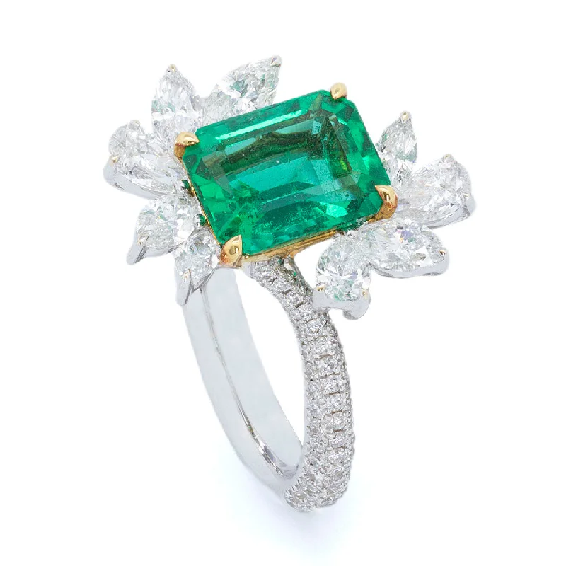 Intense Green Zambian Emerald Ring with Diamonds