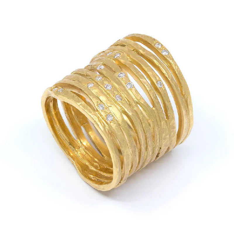 Long Textured Gold Multi Band Ring with Diamonds