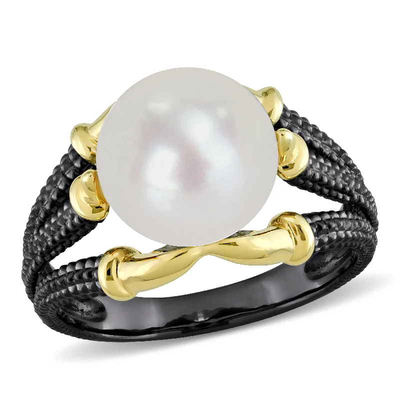 Mimi & Max 10.5-11mm White Cultured Freshwater Pearl on Two-Tone Split Shank Ring in Yellow and Black Rhodium Plated Sterling Silver