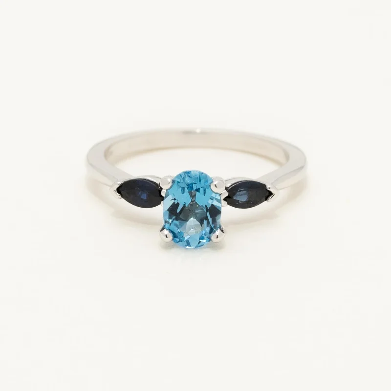 Oval Blue Topaz and Sapphire Ring in 14kt White Gold