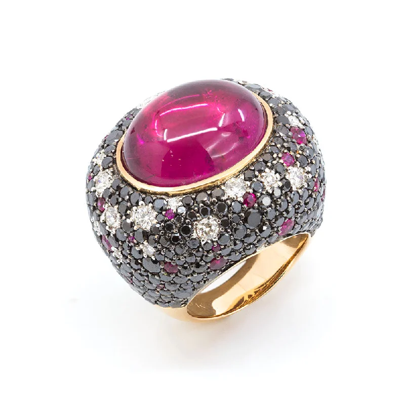 Oval Cabochon Rubellite Dome Ring with Rubies, Black and Clear Diamonds