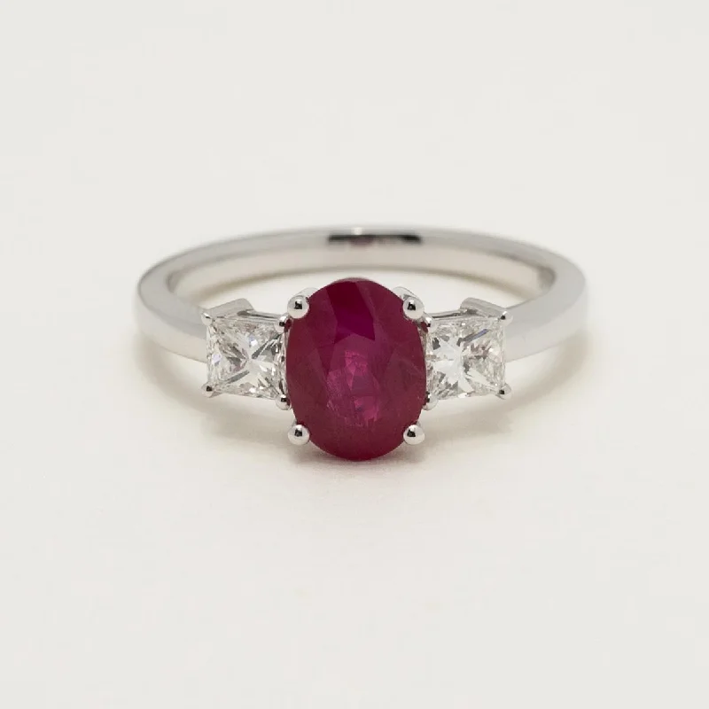 Oval Ruby Ring in 14kt White Gold with Princess Cut Diamonds (1/2ct tw)