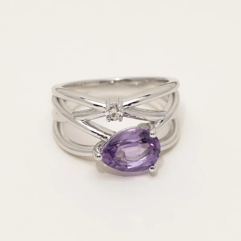 Pear Shaped Maine Amethyst Ring in 14kt White Gold with Diamond (1/20ct tw)