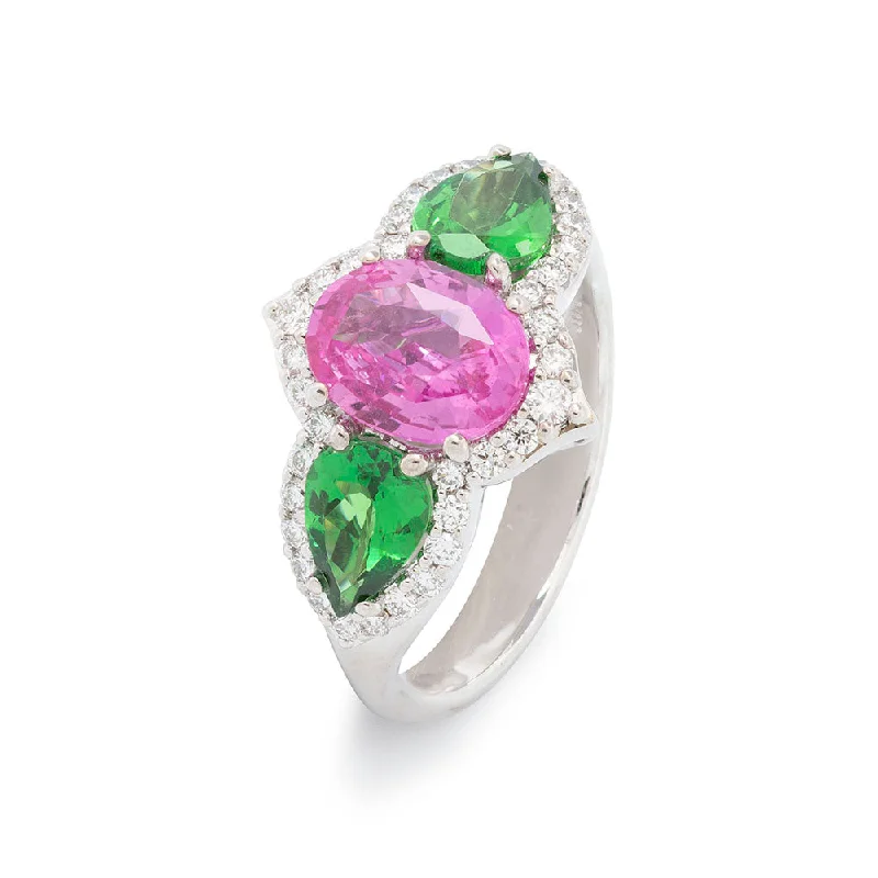 Pink Sapphire & Tsavorite 3-Stone Cocktail Ring