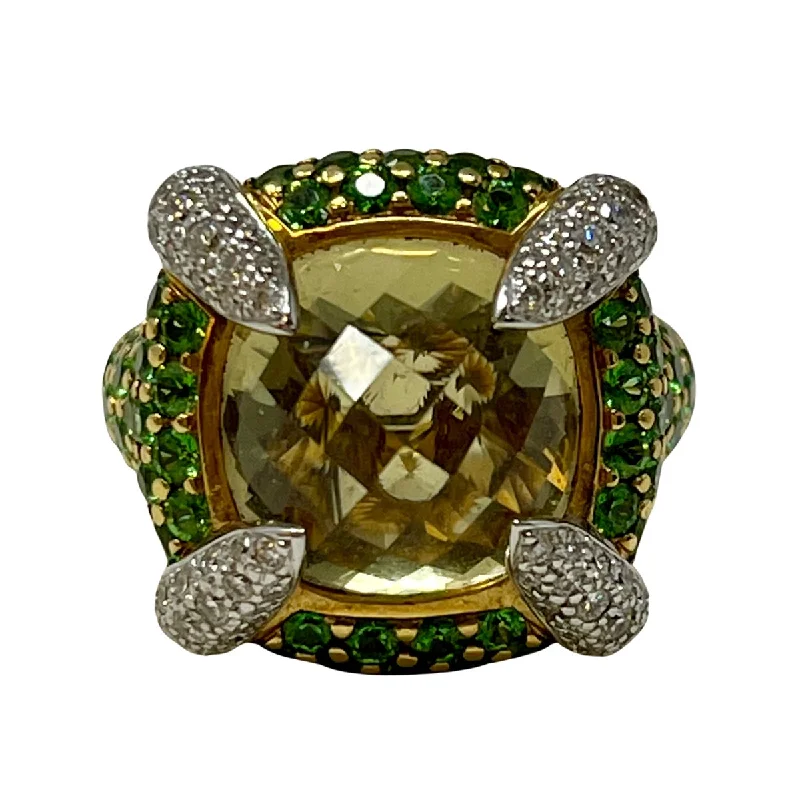 Rodney Rayner 18K Gold Ring with Lime Stone Cabochon and Tsavorites, Amethyst